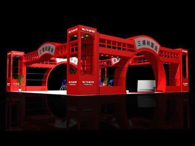 100平米展臺設(shè)計制作：四面開口/中式/木質(zhì)結(jié)構(gòu)/紅色，為糖酒展展商而作（免費(fèi)使用）