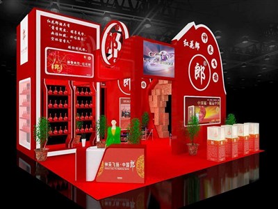 72平米展臺設計制作：三面開口/現(xiàn)代/型材結構/紅色，為糖酒展展商而作（免費使用）