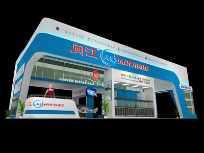 135平米展臺設計制作：四面開口/現(xiàn)代/木質(zhì)結(jié)構(gòu)/藍色，為綜合展展商而作（免費使用）