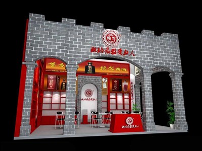 40平米展臺設(shè)計制作：二面開口/中式/木質(zhì)結(jié)構(gòu)/灰色，為糖酒展展商而作（免費使用）