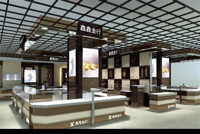 152平米展廳設(shè)計制作：現(xiàn)代/咖啡色，產(chǎn)品類展廳-鑫鑫金行珠寶展廳（免費(fèi)使用）