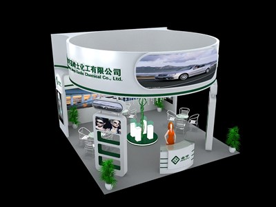 36平米展臺設計制作：三面開口/現(xiàn)代/木質結構/白色，為化工展展商而作（免費使用）