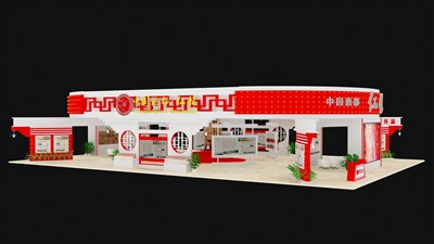 372平米展臺設計制作：四面開口/現(xiàn)代/桁架結(jié)構(gòu)/紅色，為糖酒展展商而作（免費使用）