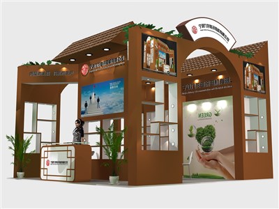 36平米展臺設(shè)計制作：三面開口/中式/木質(zhì)結(jié)構(gòu)/咖啡色，為電子展展商而作（免費使用）