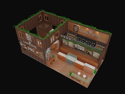 72平米展臺設(shè)計制作：四面開口/歐式/木質(zhì)結(jié)構(gòu)/咖啡色，為糖酒展展商而作（免費使用）