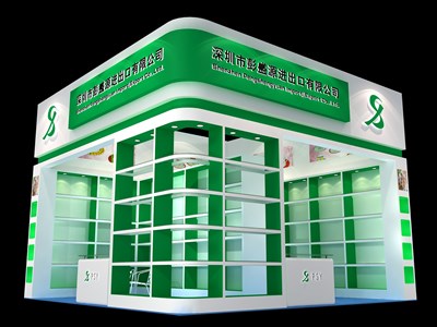 36平米展臺設(shè)計制作：二面開口/現(xiàn)代/木質(zhì)結(jié)構(gòu)/綠色，為綜合展展商而作（免費(fèi)使用）