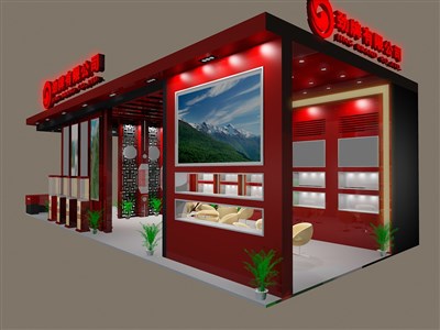 112平米展臺設計制作：三面開口/現(xiàn)代/型材結構/紅色，為糖酒展展商而作（免費使用）