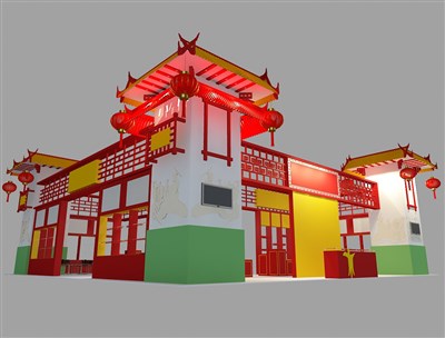 289平米展臺設(shè)計制作：四面開口/中式/木質(zhì)結(jié)構(gòu)/彩色，為糖酒展展商而作（免費(fèi)使用）