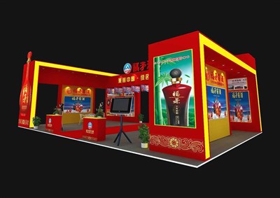 135平米展臺設(shè)計制作：四面開口/現(xiàn)代/型材結(jié)構(gòu)/紅色，為糖酒展展商而作（免費(fèi)使用）