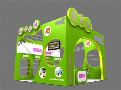 36平米展臺設(shè)計制作：三面開口/現(xiàn)代/木質(zhì)結(jié)構(gòu)/綠色，為嬰幼展展商而作（免費使用）