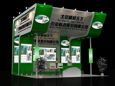 36平米展臺設(shè)計(jì)制作：三面開口/現(xiàn)代/木質(zhì)結(jié)構(gòu)/綠色，為化工展展商而作（免費(fèi)使用）