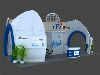 54平米展臺設計制作：四面開口/現(xiàn)代/木質結構/藍色，為電子展展商而作（免費使用）