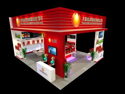 72平米展臺設(shè)計制作：三面開口/現(xiàn)代/木質(zhì)結(jié)構(gòu)/紅色，為化工展展商而作（免費使用）