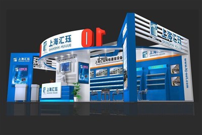 60.5平米展臺設(shè)計制作：三面開口/現(xiàn)代/型材結(jié)構(gòu)/藍(lán)色，為電子展展商而作（免費(fèi)使用）