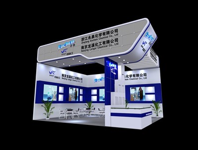 42平米展臺設(shè)計制作：二面開口/現(xiàn)代/木質(zhì)結(jié)構(gòu)/藍(lán)色，為化工展展商而作（免費(fèi)使用）