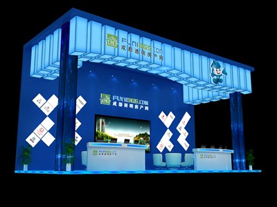 40平米展臺設(shè)計制作：三面開口/現(xiàn)代/型材結(jié)構(gòu)/藍(lán)色，為房產(chǎn)展展商而作（免費(fèi)使用）