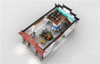 91平米展臺設(shè)計制作：三面開口/中式/雙層結(jié)構(gòu)/彩色，為綜合展展商而作（免費使用）