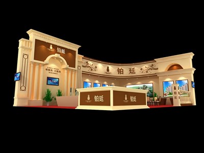 84平米展臺設(shè)計制作：二面開口/歐式/木質(zhì)結(jié)構(gòu)/米色，為房產(chǎn)展展商而作（免費使用）