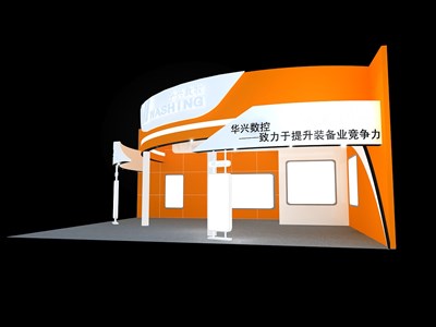 120平米展臺(tái)設(shè)計(jì)制作：二面開口/現(xiàn)代/型材結(jié)構(gòu)/橙色，為電子展展商而作（免費(fèi)使用）