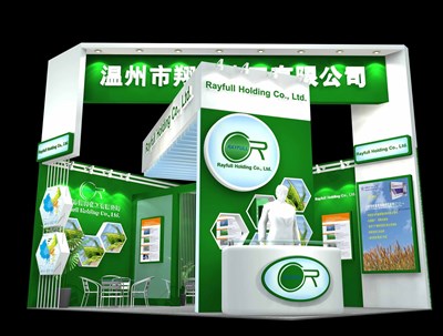 27平米展臺(tái)設(shè)計(jì)制作：二面開(kāi)口/現(xiàn)代/木質(zhì)結(jié)構(gòu)/綠色，為化工展展商而作（免費(fèi)使用）