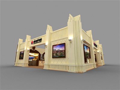 168平米展臺設(shè)計制作：二面開口/歐式/木質(zhì)結(jié)構(gòu)/米色，為房產(chǎn)展展商而作（免費使用）