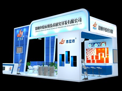 60平米展臺設計制作：四面開口/現(xiàn)代/型材結(jié)構(gòu)/藍色，為化工展展商而作（免費使用）