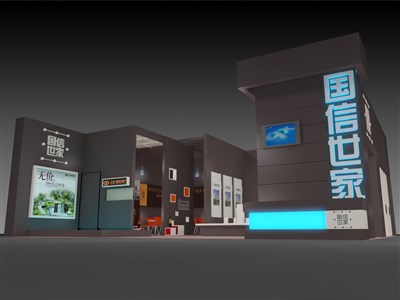 120平米展臺設(shè)計(jì)制作：二面開口/現(xiàn)代/木質(zhì)結(jié)構(gòu)/黑色，為房產(chǎn)展展商而作（免費(fèi)使用）