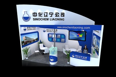 18平米展臺(tái)設(shè)計(jì)制作：一面開口/現(xiàn)代/木質(zhì)結(jié)構(gòu)/藍(lán)色，為化工展展商而作（免費(fèi)使用）