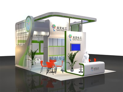 54平米展臺(tái)設(shè)計(jì)制作：三面開口/現(xiàn)代/木質(zhì)結(jié)構(gòu)/白色，為化工展展商而作（免費(fèi)使用）