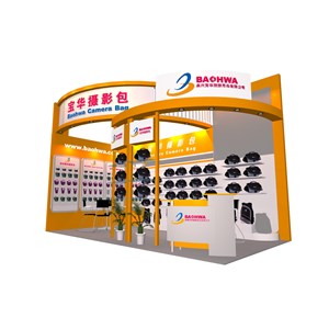 18平米展臺設(shè)計制作：二面開口/現(xiàn)代/木質(zhì)結(jié)構(gòu)/黃色，為綜合展展商而作（免費使用）