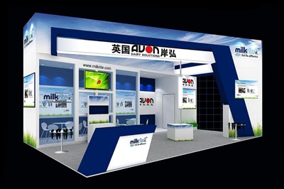 60平米展臺設計制作：三面開口/現代/型材結構/藍色，為電子展展商而作（免費使用）