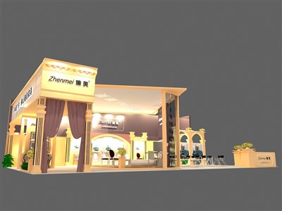 135平米展臺設(shè)計制作：三面開口/現(xiàn)代/木質(zhì)結(jié)構(gòu)/米色，為家具展展商而作（免費使用）