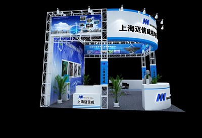 36平米展臺設(shè)計制作：三面開口/現(xiàn)代/型材結(jié)構(gòu)/藍色，為電子展展商而作（免費使用）
