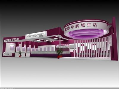 135平米展臺設計制作：一面開口/現(xiàn)代/木質結構/紫色，為房產展展商而作（免費使用）