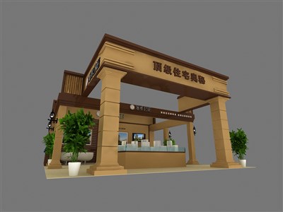 81平米展臺(tái)設(shè)計(jì)制作：三面開口/前衛(wèi)/木質(zhì)結(jié)構(gòu)/米色，為房產(chǎn)展展商而作（免費(fèi)使用）