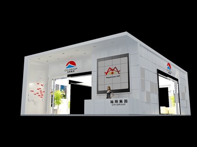 64平米展臺設計制作：四面開口/中式/型材結構/白色，為房產(chǎn)展展商而作（免費使用）
