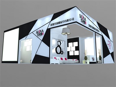100平米展臺設(shè)計制作：二面開口/前衛(wèi)/型材結(jié)構(gòu)/黑色，為家具展展商而作（免費使用）