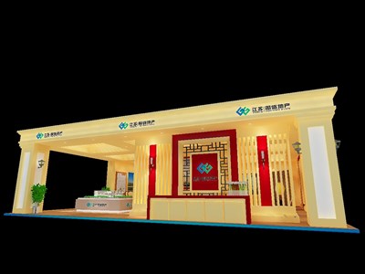 72平米展臺設計制作：四面開口/歐式/型材結構/米色，為房產展展商而作（免費使用）