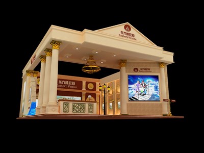 99平米展臺(tái)設(shè)計(jì)制作：二面開口/歐式/木質(zhì)結(jié)構(gòu)/咖啡色，為房產(chǎn)展展商而作（免費(fèi)使用）