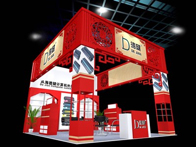 30平米展臺設計制作：三面開口/中式/木質(zhì)結(jié)構(gòu)/紅色，為綜合展展商而作（免費使用）