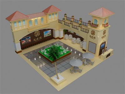 121平米展臺設(shè)計制作：二面開口/歐式/木質(zhì)結(jié)構(gòu)/米色，為房產(chǎn)展展商而作（免費使用）