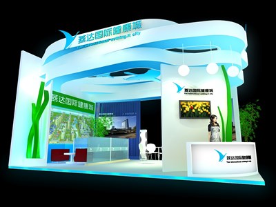 48平米展臺設(shè)計制作：三面開口/現(xiàn)代/型材結(jié)構(gòu)/彩色，為房產(chǎn)展展商而作（免費使用）
