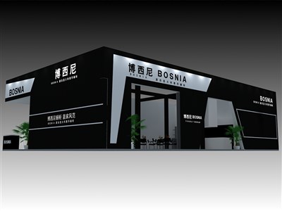 54平米展臺設(shè)計制作：三面開口/現(xiàn)代/型材結(jié)構(gòu)/黑色，為家具展展商而作（免費使用）