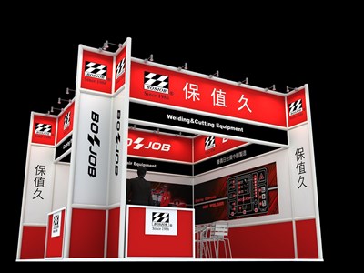 36平米展臺(tái)設(shè)計(jì)制作：二面開口/現(xiàn)代/型材結(jié)構(gòu)/紅色，為建材展展商而作（免費(fèi)使用）