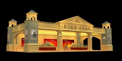 90平米展臺(tái)設(shè)計(jì)制作：三面開(kāi)口/歐式/木質(zhì)結(jié)構(gòu)/米色，為房產(chǎn)展展商而作（免費(fèi)使用）