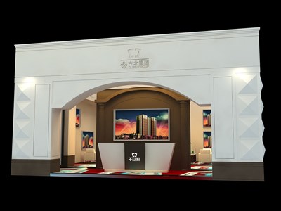 72平米展臺(tái)設(shè)計(jì)制作：二面開(kāi)口/歐式/木質(zhì)結(jié)構(gòu)/灰色，為房產(chǎn)展展商而作（免費(fèi)使用）