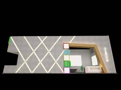 48平米展臺設(shè)計(jì)制作：二面開口/前衛(wèi)/木質(zhì)結(jié)構(gòu)/灰色，為房產(chǎn)展展商而作（免費(fèi)使用）