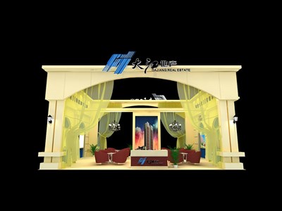 90平米展臺設(shè)計制作：二面開口/歐式/木質(zhì)結(jié)構(gòu)/米色，為房產(chǎn)展展商而作（免費使用）