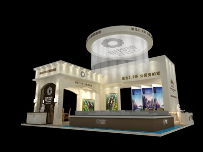 190平米展臺(tái)設(shè)計(jì)制作：四面開(kāi)口/歐式/木質(zhì)結(jié)構(gòu)/米色，為房產(chǎn)展展商而作（免費(fèi)使用）