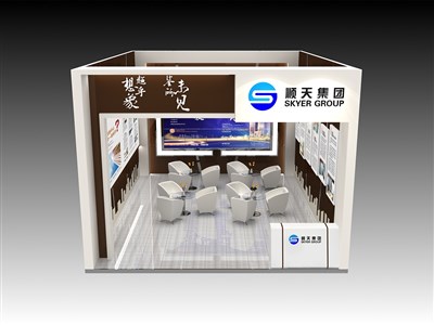 48平米展臺設計制作：一面開口/現(xiàn)代/型材結構/彩色，為房產展展商而作（免費使用）